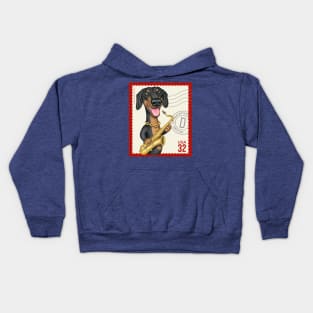 Funny Doxie playing Sax on vintage postage stamp Kids Hoodie